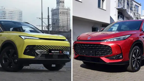 Dwa nowe SUV-y: żółty z napisem BEIJING 5 i czerwony. Atrakcyjna baic 5 cena.