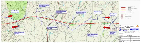 Mapa drogowa z zaznaczoną autostradą A1, granicami gmin i drogami.