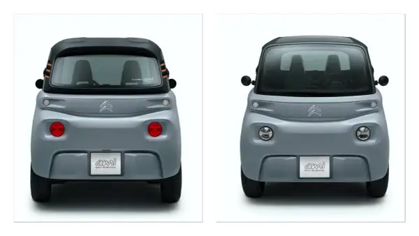 Dwa Citroëny Ami, jeden z tyłu, drugi z przodu. Kompaktowe, elektryczne auta miejskie.