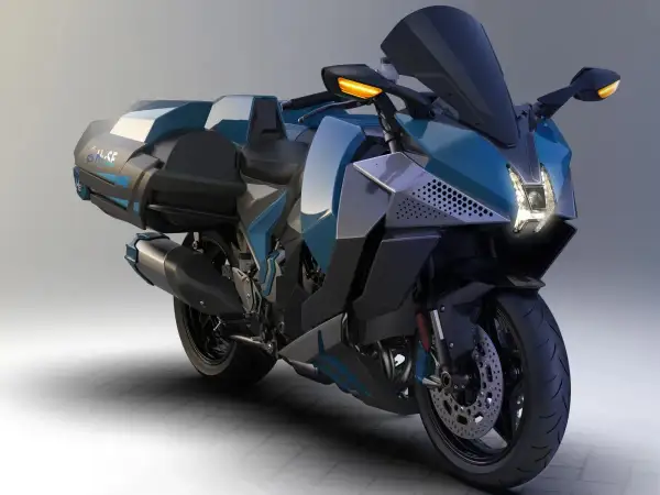 Futurystyczny motocykl Kawasaki Ninja H2 w kolorze niebiesko-szarym, z bagażnikami i ostrymi liniami.