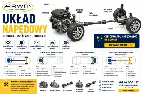 Schemat układu napędowego samochodu: silnik, sprzęgło, skrzynia biegów, wał napędowy, mechanizm różnicowy, półosie. Poznaj rodzaje napędów i ich zalety/wady. Szpera w ARWIT!